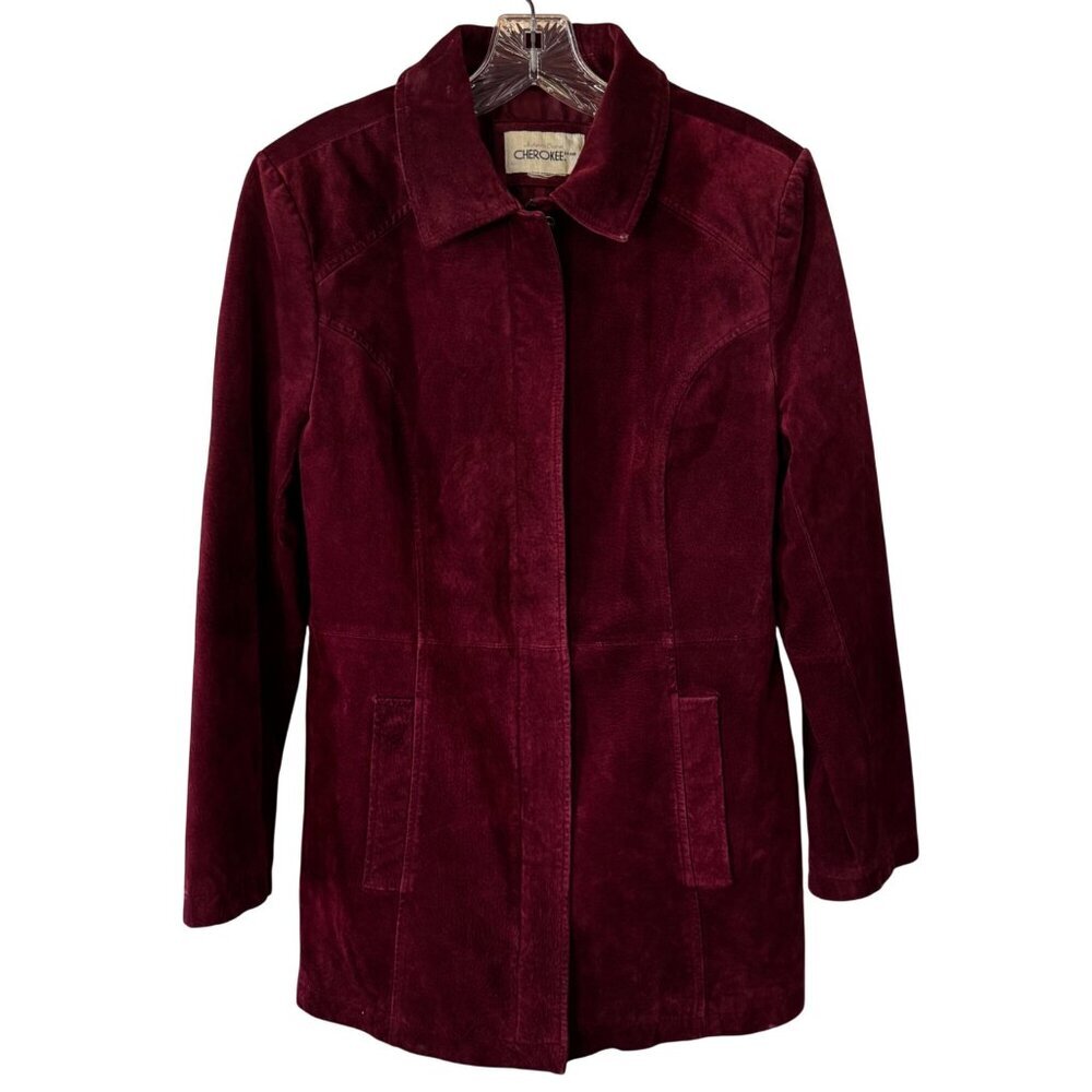 Cherokee Womens Burgundy Suede Coat Jacket Lined Pockets Size Medium